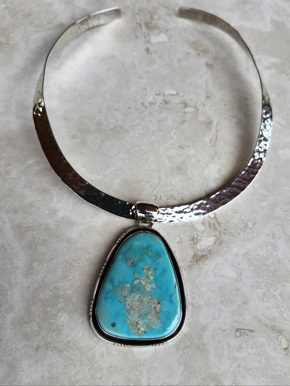 Sterling Silver Navajo SIGNED Huge Turquoise Necklace - Picture 5 of 17